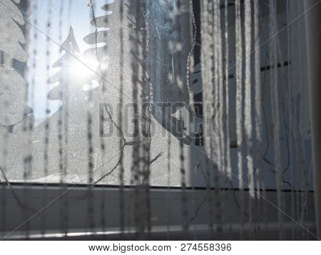 The Contour Of The Winter Forest Is Painted On The Glass With Washable Paints. Scenery Window For Th
