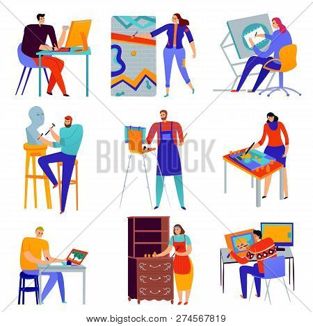 Set Of Flat Icons Creative Professions Graphic Designer Painter Master Of Sculpture Restorer Isolate