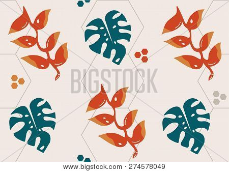 Mixed Geometry And Tropical Flora Vector Seamless Pattern. Exotic Flowers And Leaves On The Hexagon 