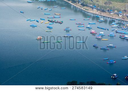 Fewa Lake View From Top , Down View Of Fewalake And Boats Pokhara Nepal