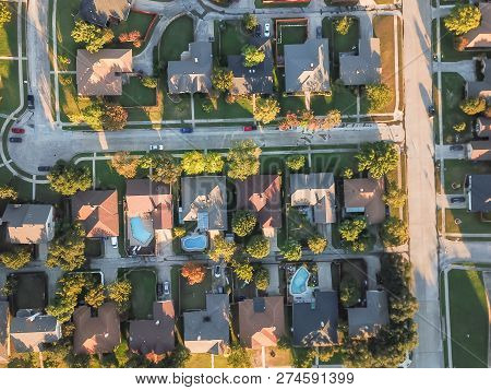 Aerial View Residential Subdivision With Swimming Pool And Dead-end Street Near Dallas, Texas