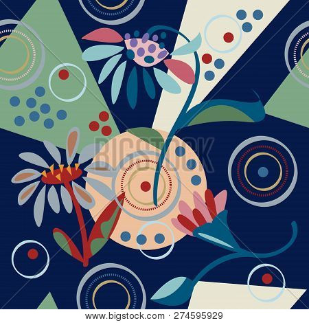 Seamless Floral Background With Abstract Cute Flowers And Geometric Shapes. Vintage Pattern In Doodl