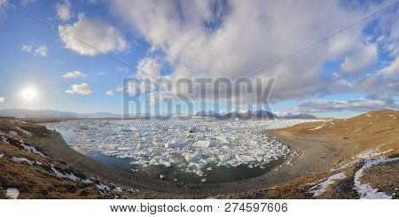 Panoramic On A Sunny Sunset On The Jokulsarlon Glacier (iceland)