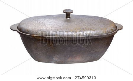 Vintage Aluminum Pot For Coocing Meat And Wegetables. Isolated On White Background