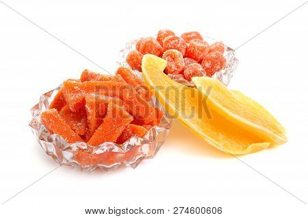 Candied Pumpkin Succade With Mango And Dried Kumquats Isolated On White Background.