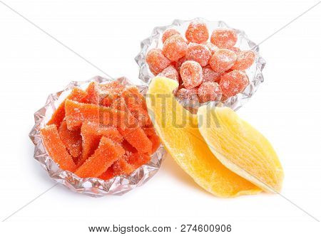 Candied Pumpkin Succade With Mango And Dried Kumquats Isolated On White Background.