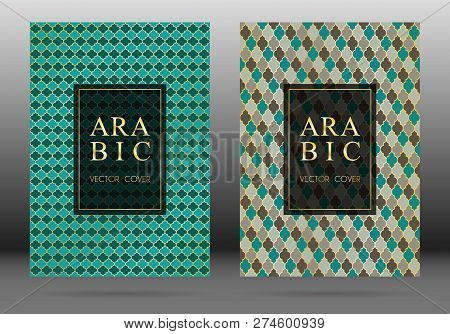 Ottoman Pattern Vector Cover Page Layout Design Set In Arabic Style Mosaic In Gold Grid. Islamic Bac