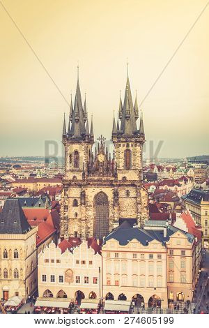 View On Prague Panorama With Red Roofs And Historic Architecture