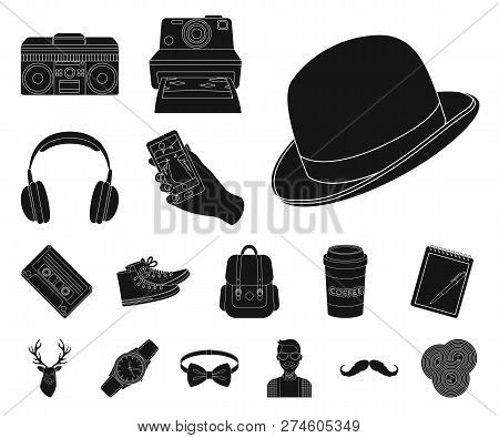 Style Hipster Black Icons In Set Collection For Design. Hipster Attributes And Accessories Vector Sy