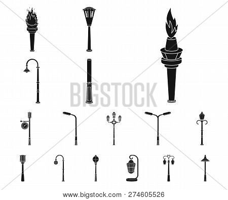 Lamp Post Black Icons In Set Collection For Design. Lantern And Lighting Vector Symbol Stock Web Ill