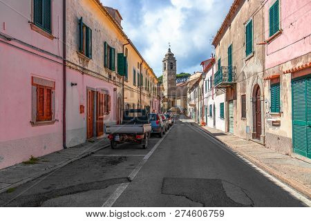 Poggio, Elba Island, Italy - September 16, 2018: Small Street With Colorful Houses In A Town Poggio 