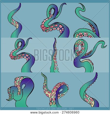 Green, Purple And Yellow Set Of Nione Tentacles Of An Octopus Frame, Ocean Motive Flat Cute Cartoon 