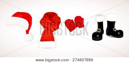 Collection Of Traditional Red Santa Claus Clothing, Hat With Fluffy Fur Pompon, Scarf With Snow, Mit