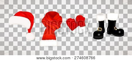 Collection Of Traditional Red Santa Claus Clothes, Hat With Fluffy Fur Pompon, Scarf With Snow, Mitt