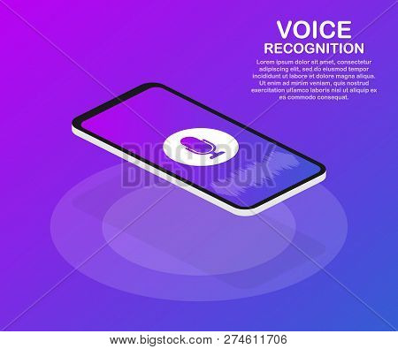 Vector Flat Voice Recognition Illustration. Landing Page Design. Smartphone Screen With Sound Waves 