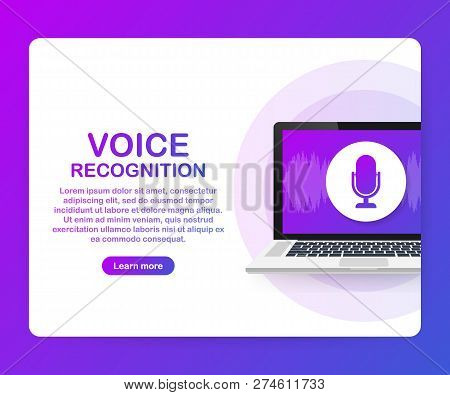 Vector Flat Voice Recognition Illustration. Landing Page Design. Laptop Screen With Sound Waves And 