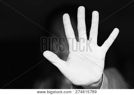 Woman Raised Her Hand For Dissuade, Campaign Stop Violence Against Women. Asian Woman Raised Her Han