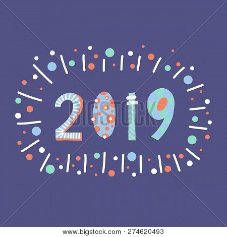 2019 Lettering Illustration Papercut Style. Flat Hand Drawn Cartoon Happy New Year Design. New Years