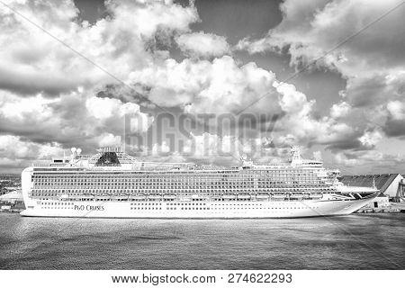 Bridgetown, Barbados - December 12, 2015: P O Cruises. Azura Cruise Ship Docked In Sea Port On Cloud