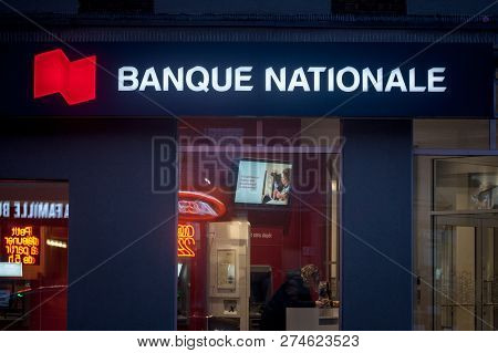 Montreal, Canada - November 3, 2018: Logo Of The National Bank Of Canada, Translated In French Banqu
