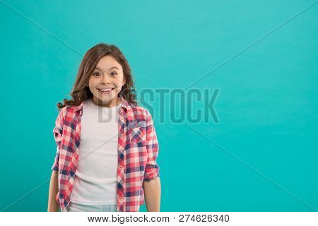 Sincere Excitement. Kid Girl Long Healthy Shiny Hair Wear Casual Clothes. Exciting Moments. Little G