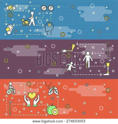 Vector Thin Line Art Disabled People Web Banner Template Set