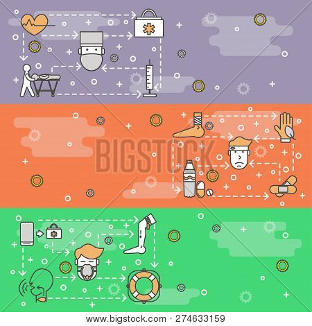 Vector Thin Line Art First Aid Web Banner Template Set