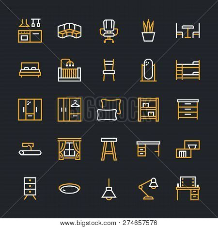 Furniture Vector Flat Line Icons. Living Room, Bedroom, Baby Crib, Kitchen Corner Sofa, Nursery Dini