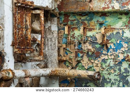 Internal Parts Of Decommissioned Marine Ship That Was Cut And Left On The Shore.