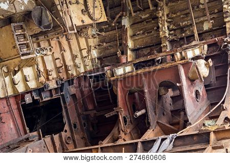 Internal Parts Of Decommissioned Marine Ship That Was Cut And Left On The Shore.