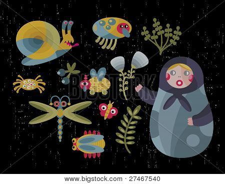 Matreshka doll and insects.