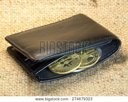 Bitcoin In A Purse On Rough Burlap, The Concept Of Expansion Of Opportunities Of Electronic Money