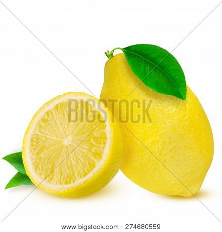 Lemon. Fruit With Half And Leaves Isolated On White
