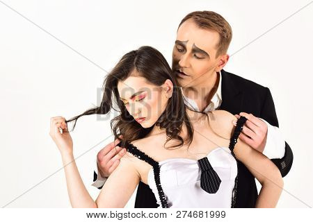 Strong Emotional Bonds. Couple Of Mime Artists Perform Romantic Scene. Sexy Couple In Love With Mime