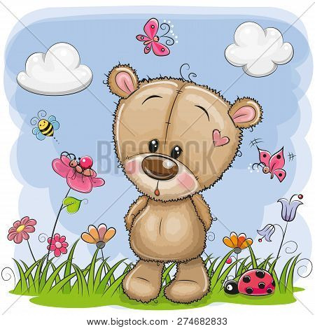 Cute Cartoon Teddy Bear On A Meadow With Flowers And Butterflies