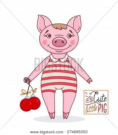 Little Cute Pig In Cartoon Style In A Striped Bathing Suit With Christmas Balls. Hand Drawn Style Ve