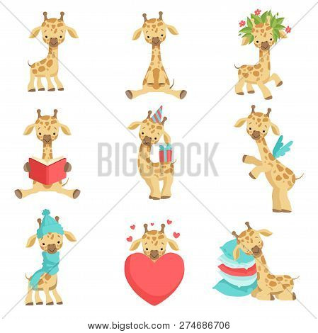 Cute Little Giraffe Set, Funny Jungle Animal Cartoon Character In Different Situations Vector Illust