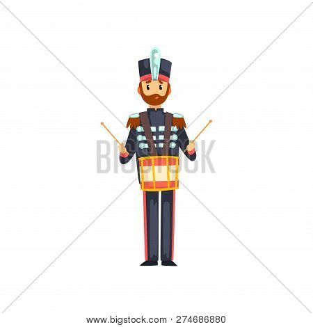 Soldier Drummer Playing Drum, Member Of Army Military Band With Musical Instrument Vector Illustrati