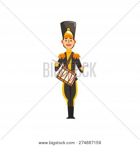 Soldier In Black Uniform Playing Drum, Member Of Army Military Band With Musical Instrument Vector I
