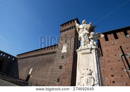Milan, Italy, December 5, 2018 - San Giovanni Nepomuceno Statue In Sforzesco Castle In Milan, Italy