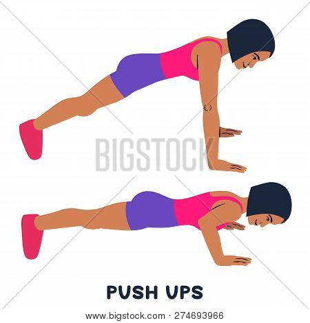 Push Ups. Sport Exersice. Silhouettes Of Woman Doing Exercise. Workout, Training Vector Illustration
