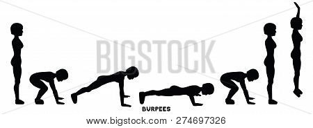 Burpee. Burpees. Sport Exersice. Silhouettes Of Woman Doing Exercise. Workout, Training.