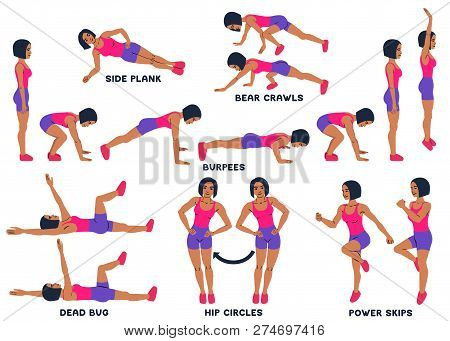 Burpees, Bear Crawls, Hip Circles, Dead Bug, Side Plank, Power Skips. Sport Exersice. Silhouettes Of