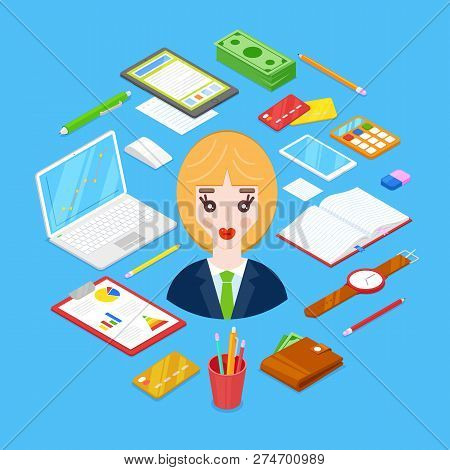 Blondy Businesswoman And Office Stationary On Blue Background.vector Illustration.