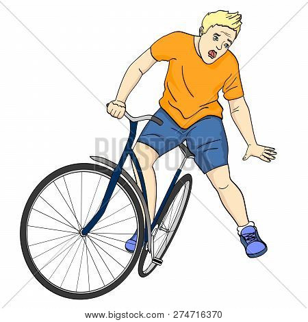 Isolated Object On White Background. The Man Is Falling Off The Bicycle. Emotion Funk, Pain, Raster