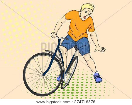 Pop Art Background. The Man Is Falling Off The Bicycle. Emotion Funk, Pain, Raster