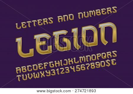 Legion Golden Alphabet With Numbers And Currency Signs. Gaming Stylized Font.