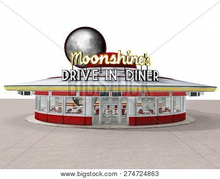 1950s American Drive-in Diner Isolated On White Background, 3d Render