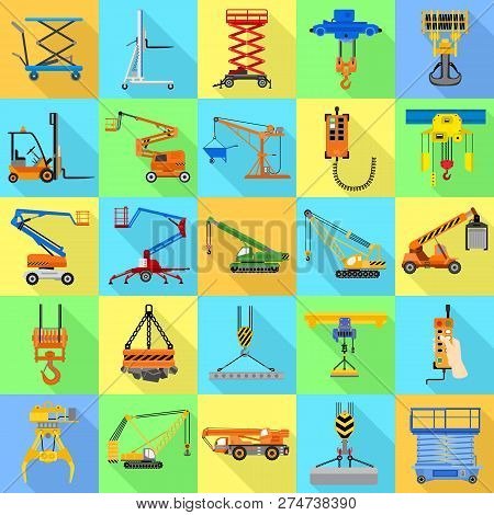 Lifting Machine Icon Set. Flat Set Of Lifting Machine Vector Icons For Web Design