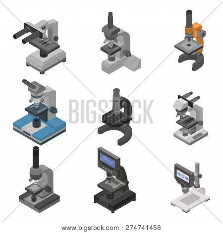 Microscope Icon Set. Isometric Set Of Microscope Vector Icons For Web Design Isolated On White Backg